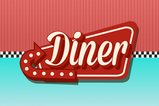 Dinner game banner with a Diner name inside a retro themed red and teal background.